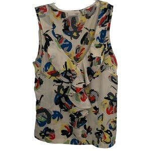 Nordstrom Halogen Silk Sleeveless Blouse XSP Artsy Print Ruffled Necklin…